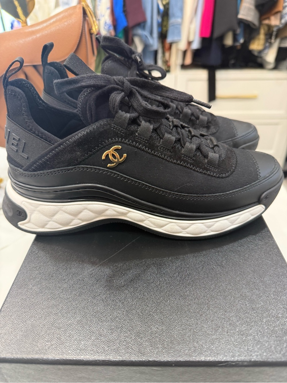 CHANEL Black and Gold Platform Athletic Sneakers